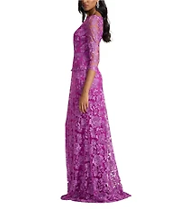 Tadashi Shoji 3/4 Sleeve Belted Embroidered Lace Gown