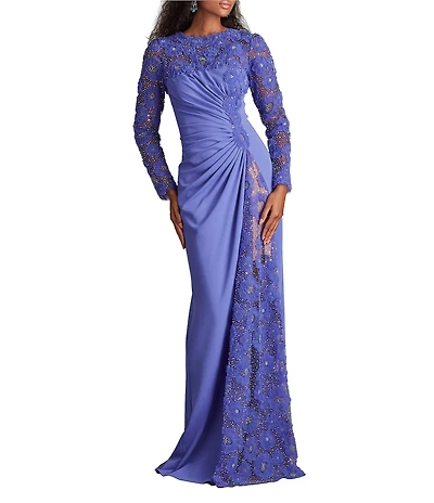 Tadashi Shoji 3D Floral Embroidered Crepe Bateau Neck Long Sleeve Side Ruched Sheath Gown