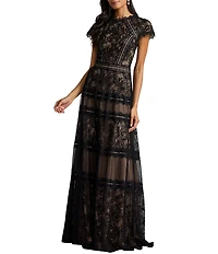 Tadashi Shoji Bateau Neck Cap Sleeve Illusion Lace Embroidered Aline Gown