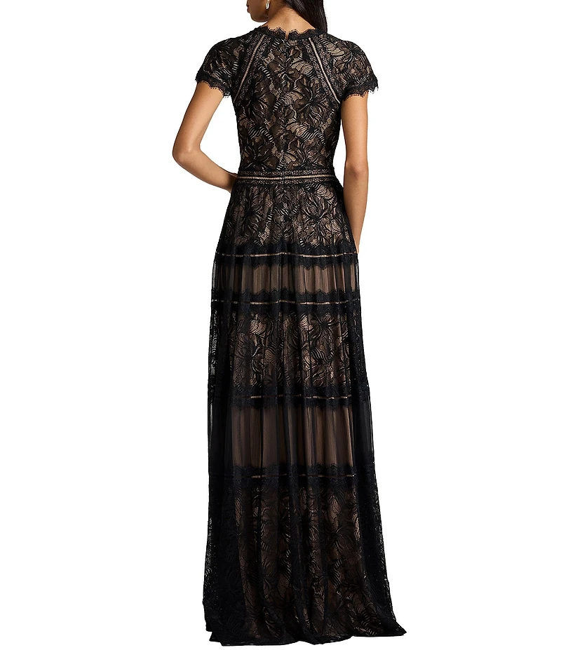 Tadashi Shoji Bateau Neck Cap Sleeve Illusion Lace Embroidered Aline Gown