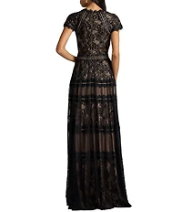 Tadashi Shoji Bateau Neck Cap Sleeve Illusion Lace Embroidered Aline Gown