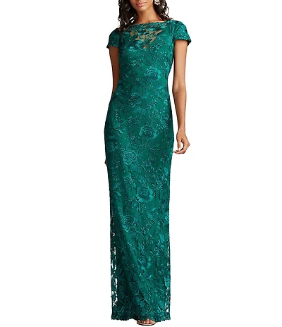 Tadashi Shoji Bateau Neck V back Cap Sleeve Lace Column Gown