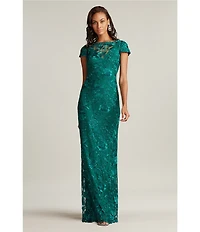 Tadashi Shoji Bateau Neck V back Cap Sleeve Lace Column Gown