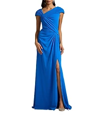 Tadashi Shoji Cap Sleeve Asymmetrical Crepe Long Dress