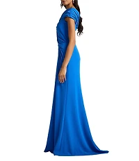 Tadashi Shoji Cap Sleeve Asymmetrical Crepe Long Dress