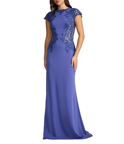 Tadashi Shoji Cap Sleeve Embroidered Sequin Lace Crepe Gown