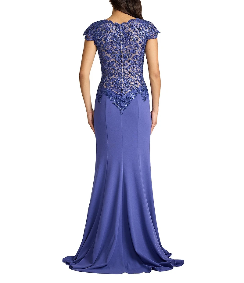 Tadashi Shoji Cap Sleeve Embroidered Sequin Lace Crepe Gown