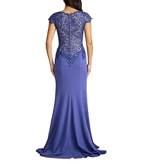 Tadashi Shoji Cap Sleeve Embroidered Sequin Lace Crepe Gown