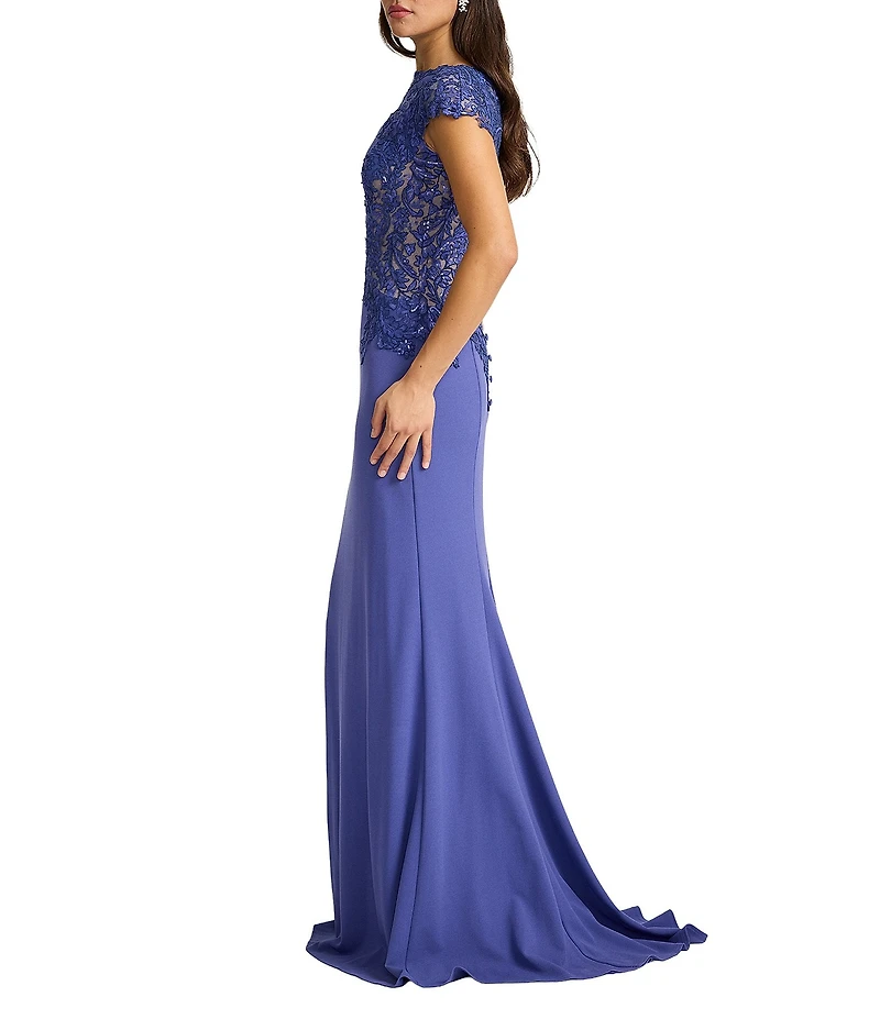 Tadashi Shoji Cap Sleeve Embroidered Sequin Lace Crepe Gown