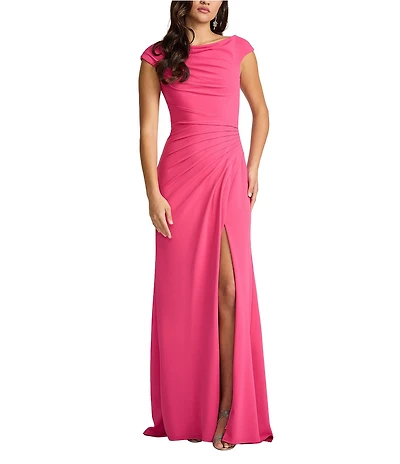 Tadashi Shoji Crepe Cap Sleeve Ruched Waist Gown