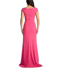 Tadashi Shoji Crepe Cap Sleeve Ruched Waist Gown