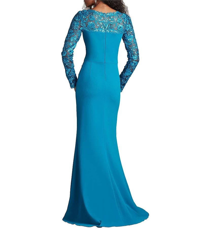 Tadashi Shoji Crepe Embroidered Sequin Boat Neck Long Sleeve Sheath Gown