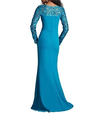 Tadashi Shoji Crepe Embroidered Sequin Boat Neck Long Sleeve Sheath Gown