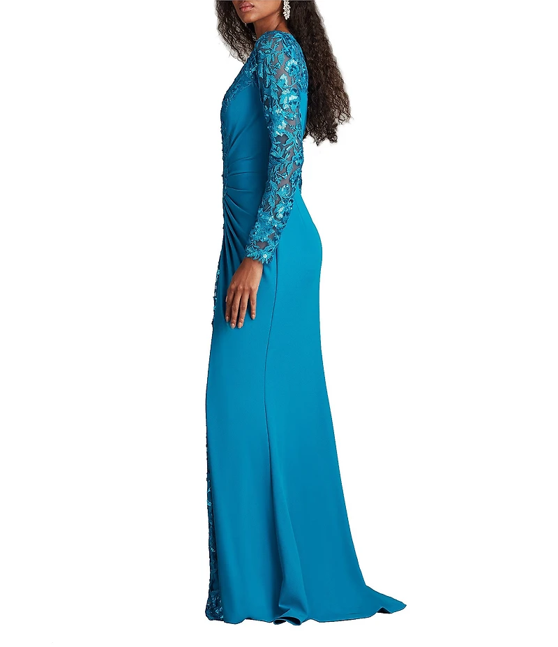 Tadashi Shoji Crepe Embroidered Sequin Boat Neck Long Sleeve Sheath Gown