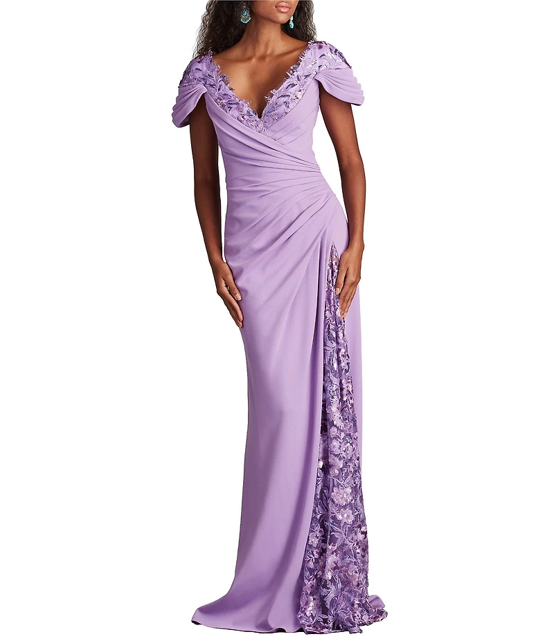 Tadashi Shoji Crepe Embroidered Sequin V Neck Short Sleeve Sheath Gown