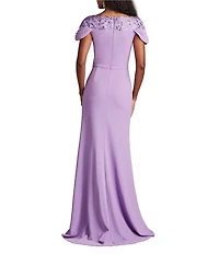 Tadashi Shoji Crepe Embroidered Sequin V Neck Short Sleeve Sheath Gown