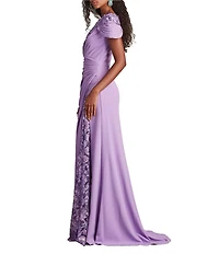 Tadashi Shoji Crepe Embroidered Sequin V Neck Short Sleeve Sheath Gown
