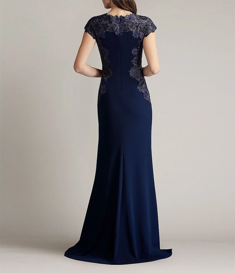 Tadashi Shoji Crepe Floral Embroidered Boat Neck Cap Sleeve Pleated Gown