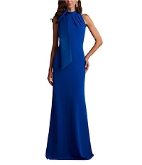 Tadashi Shoji Crepe Halter Mock Neck Taffeta Bow Sleeveless Gown
