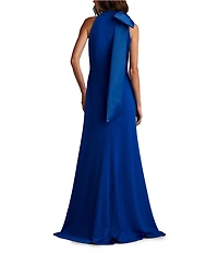 Tadashi Shoji Crepe Halter Mock Neck Taffeta Bow Sleeveless Gown