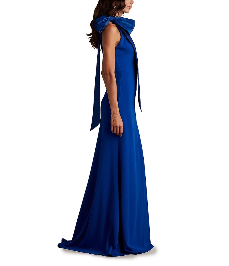 Tadashi Shoji Crepe Halter Mock Neck Taffeta Bow Sleeveless Gown