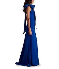 Tadashi Shoji Crepe Halter Mock Neck Taffeta Bow Sleeveless Gown