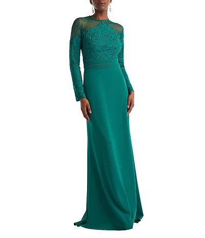 Tadashi Shoji Crepe Lace Mesh Cutout Crew Neck Long Sleeve Sheath Gown