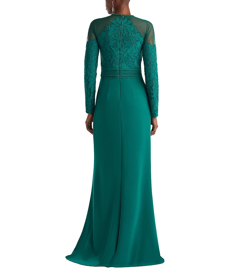Tadashi Shoji Crepe Lace Mesh Cutout Crew Neck Long Sleeve Sheath Gown