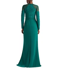 Tadashi Shoji Crepe Lace Mesh Cutout Crew Neck Long Sleeve Sheath Gown