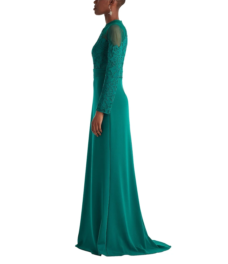 Tadashi Shoji Crepe Lace Mesh Cutout Crew Neck Long Sleeve Sheath Gown