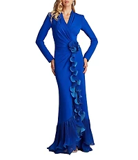 Tadashi Shoji Crepe V Neck Long Sleeve Ruffle Mermaid Gown