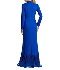 Tadashi Shoji Crepe V Neck Long Sleeve Ruffle Mermaid Gown