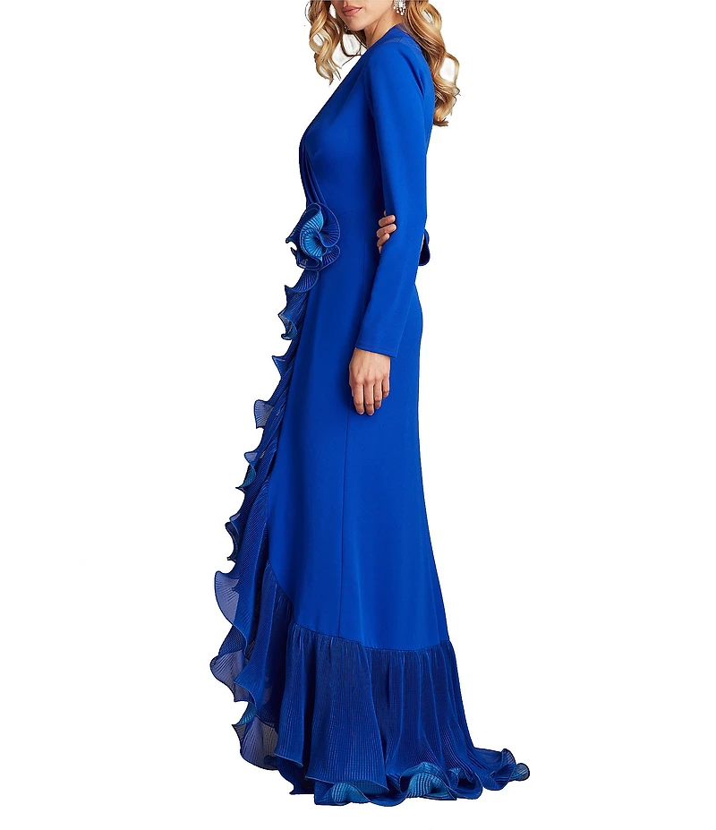 Tadashi Shoji Crepe V Neck Long Sleeve Ruffle Mermaid Gown