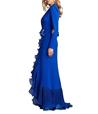 Tadashi Shoji Crepe V Neck Long Sleeve Ruffle Mermaid Gown