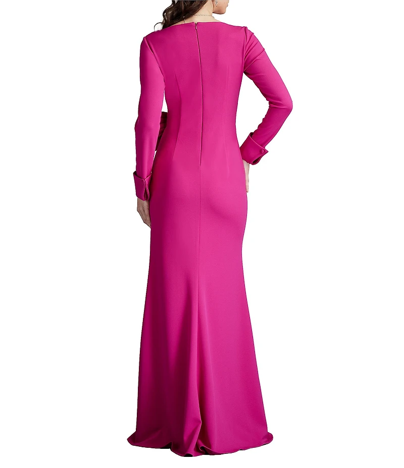 Tadashi Shoji Crepe V-Neck Long Sleeve Wrap Bow Side Slit Gown