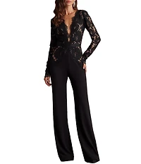 Tadashi Shoji Deep V-Neck Lace Crepe Jumpsuit