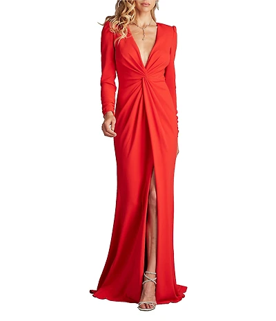 Tadashi Shoji Deep V-Neck Long Sleeve Twist Front Crepe Sheath Gown