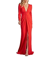 Tadashi Shoji Deep V-Neck Long Sleeve Twist Front Crepe Sheath Gown