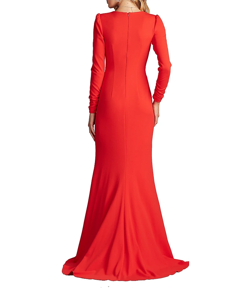 Tadashi Shoji Deep V-Neck Long Sleeve Twist Front Crepe Sheath Gown