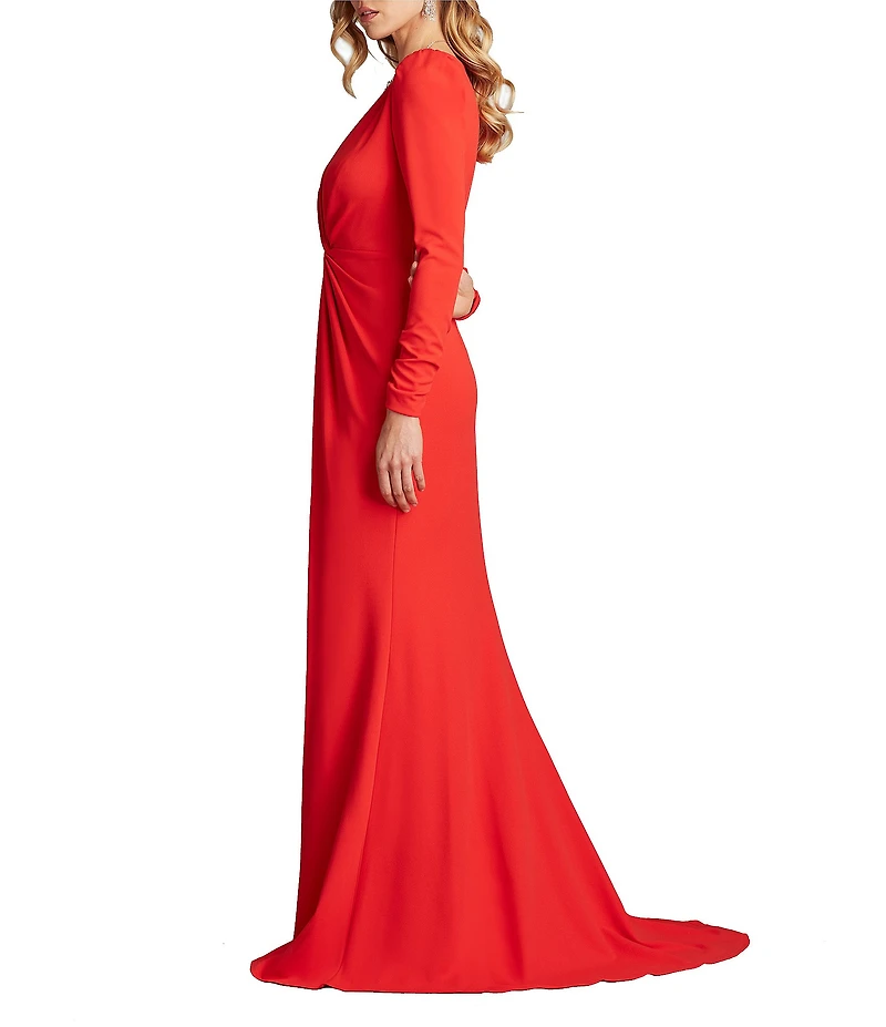 Tadashi Shoji Deep V-Neck Long Sleeve Twist Front Crepe Sheath Gown