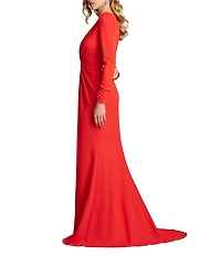 Tadashi Shoji Deep V-Neck Long Sleeve Twist Front Crepe Sheath Gown