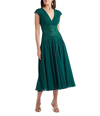 Tadashi Shoji Double V-Neck Cap Sleeve Lace Trim Chiffon Midi Dress