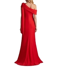 Tadashi Shoji Draped One Shoulder Bow Detail Crepe Sheath Gown