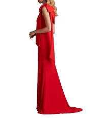 Tadashi Shoji Draped One Shoulder Bow Detail Crepe Sheath Gown