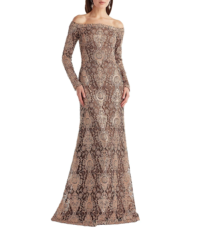 Tadashi Shoji Embellished Sequin Lace Off-The-Shoulder Sheath Gown