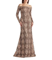 Tadashi Shoji Embellished Sequin Lace Off-The-Shoulder Sheath Gown