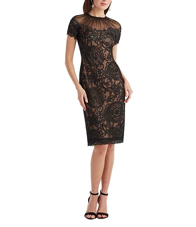 Tadashi Shoji Embroidered Chiffon Lace Crew Neck Short Sleeve Sheath Dress