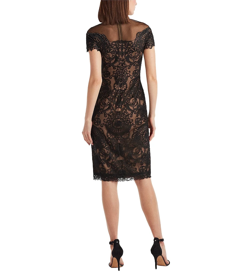 Tadashi Shoji Embroidered Chiffon Lace Crew Neck Short Sleeve Sheath Dress