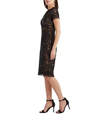 Tadashi Shoji Embroidered Chiffon Lace Crew Neck Short Sleeve Sheath Dress