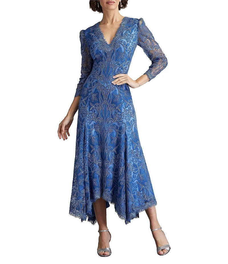 Tadashi Shoji Embroidered Corded Lace V-Neck 3/4 Sleeve High Low Midi Dress